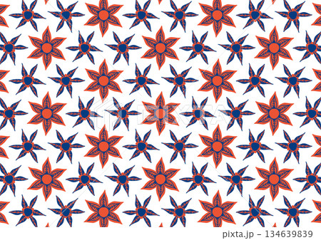 Seamless geometric floral pattern with red and blue star shapes 134639839