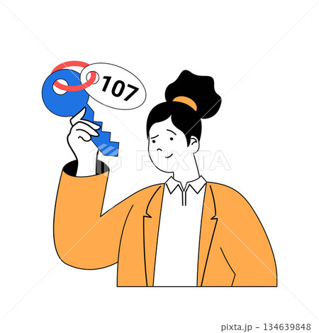 Travel concept with cartoon people in flat design for web. Woman holding key, going to vacation and booking hotel room accommodation. Vector illustration for social media banner, marketing material. 134639848