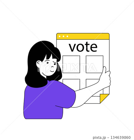 Online voting concept with cartoon people in flat design for web. Woman takes part in election process and filling ballot list form. Vector illustration for social media banner, marketing material. Online voting concept with cartoon people in flat design for web. Woman takes part in election process and filling ballot list form. Vector illustration for social media banner, marketing material. 134639860