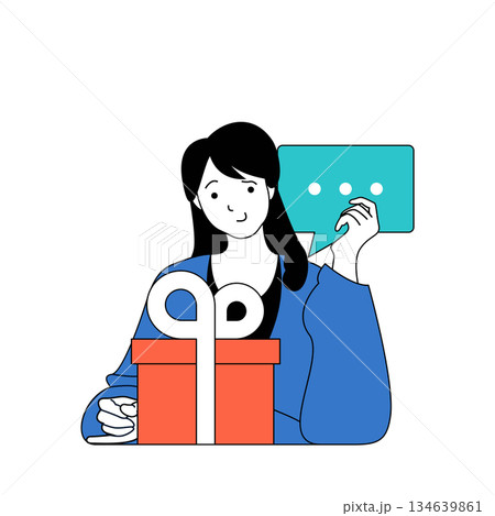 Social media concept with cartoon people in flat design for web. Woman attracting followers in her online blog with giveaway gifts. Vector illustration for social media banner, marketing material. Social media concept with cartoon people in flat design for web. Woman attracting followers in her online blog with giveaway gifts. Vector illustration for social media banner, marketing material. 134639861