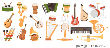 Musical instruments mega set in cartoon graphic design. Bundle elements of drum, maracas, banjo, accordion, guitar, bandura, saxophone, piano, violin and other. Vector illustration isolated objects Musical instruments mega set in cartoon graphic design. Bundle elements of drum, maracas, banjo, accordion, guitar, bandura, saxophone, piano, violin and other. Vector illustration isolated objects 134639879