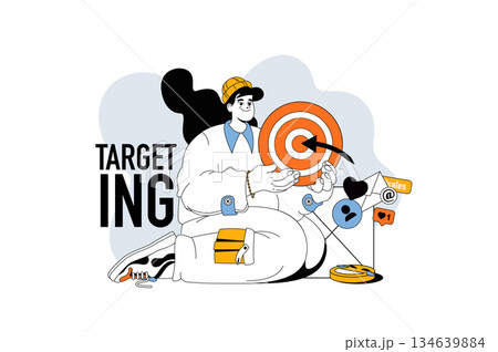 Targeting outline web modern concept in flat line design. Woman achieving project goals, developing career and gets business progress. Vector illustration for social media banner, marketing material. 134639884