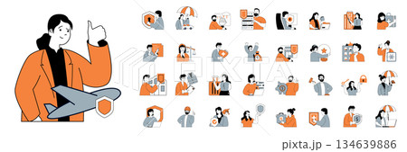 Insurance concept with character situations mega set in flat web design. Bundle of scenes people protecting different property, car and health, using finance safety program. Vector illustrations. Insurance concept with character situations mega set in flat web design. Bundle of scenes people protecting different property, car and health, using finance safety program. Vector illustrations. 134639886