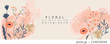 Floral horizontal web banner. Red poppy and wildflowers bouquets with leaves on abstract background. Summer flowers backdrop. Vector illustration for header website, cover templates in modern design Floral horizontal web banner. Red poppy and wildflowers bouquets with leaves on abstract background. Summer flowers backdrop. Vector illustration for header website, cover templates in modern design 134639894