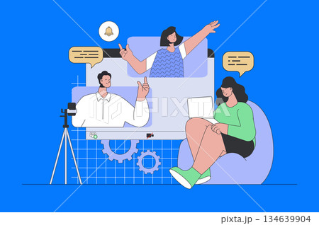 Video communication concept in modern flat design for web. Woman connecting with friends and colleagues online, using zoom for meeting. Vector illustration for social media banner, marketing material. 134639904