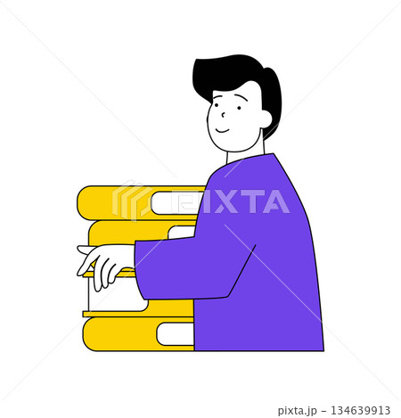Book reading concept with cartoon people in flat design for web. Woman with stacks of textbook works as teacher, preparing to lesson. Vector illustration for social media banner, marketing material. Book reading concept with cartoon people in flat design for web. Woman with stacks of textbook works as teacher, preparing to lesson. Vector illustration for social media banner, marketing material. 134639913