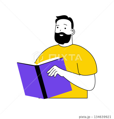 Book reading concept with cartoon people in flat design for web. Man reads open book, researching new intellectual novel in library. Vector illustration for social media banner, marketing material. 134639921