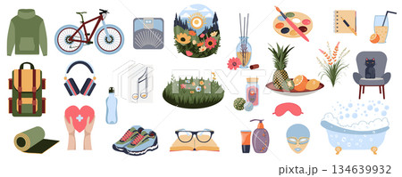 Self care objects mega set in flat graphic design. Collection elements of travel and sports equipments, reading book, painting, writing, aromatherapy relax, spa items, other. Vector illustration. Self care objects mega set in flat graphic design. Collection elements of travel and sports equipments, reading book, painting, writing, aromatherapy relax, spa items, other. Vector illustration. 134639932