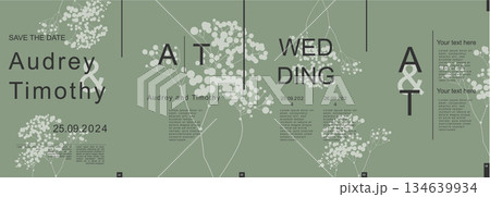 Wedding modern banner with trendy minimalist typography design. Poster templates with elegant abstract simple flower twig silhouettes and text elements for ceremony invitation. Vector illustration. 134639934