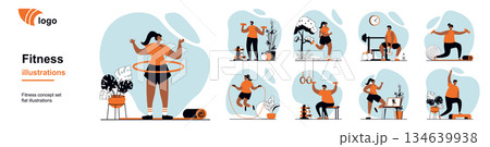 Fitness at gym concept with people scenes mega set in flat web design. Bundle of character situation with home video workouts, dumbbell training, running, jumping activity rope. Vector illustrations. 134639938
