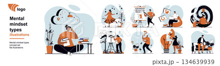 Mental mindset types concept with people scenes mega set in flat web design. Collection of scenes people with logical, creative, abstract, analytical and other intelligence. Vector illustrations. Mental mindset types concept with people scenes mega set in flat web design. Collection of scenes people with logical, creative, abstract, analytical and other intelligence. Vector illustrations. 134639939