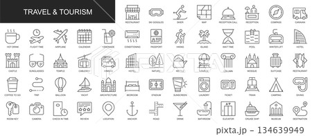 Travel and tourism web icons set in thin line design. Pack of hotel, compass, flight, passport, hiking, lounge, suitcase, trip, camping, ticket, other outline stroke pictograms. Vector illustration. 134639949