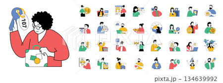 Travel concept with character situations mega set in flat web design. Bundle of scenes people go on vacation tours, buying tickets online, sightseeing with guide excursions. Vector illustrations. 134639992