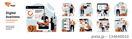 Digital business concept with people scenes mega set in flat web design. Bundle of character situation with analyzing financial data, create strategy, developing online company. Vector illustrations. 134640010