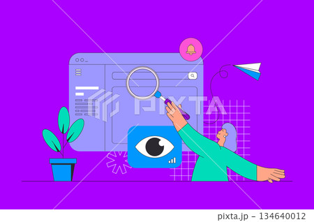 Seo optimization concept in modern flat design for web. Woman analyzes data, works with search engines and optimizes site traffic. Vector illustration for social media banner, marketing material. 134640012