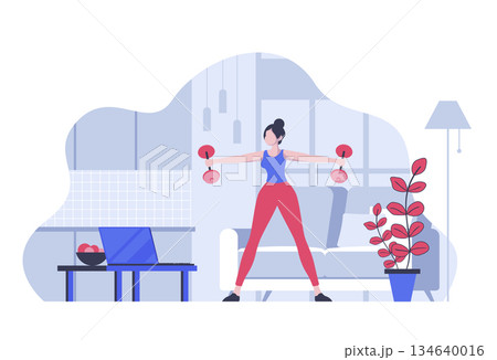 Fitness at home concept with cartoon people in flat design for web. Woman doing exercise with dumbbells with video training lesson. Vector illustration for social media banner, marketing material. 134640016