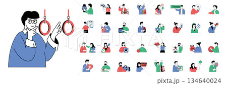Fitness concept with character situations mega set in flat web design. Bundle of scenes people running, cycling, dieting, doing cardio and gymnastics exercising, training at gym. Vector illustrations. 134640024
