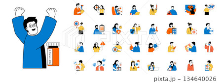 Coronavirus concept with character situations mega set in flat web design. Bundle of scenes people researching virus disease, make vaccination, treating symptoms, stay home. Vector illustrations. 134640026