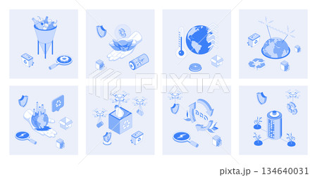 Ecology 3d isometric concept set with isometric icons design for web. Collection of waste management, recycling technology, climate changing, eco friendly factory, green energy. Vector illustration Ecology 3d isometric concept set with isometric icons design for web. Collection of waste management, recycling technology, climate changing, eco friendly factory, green energy. Vector illustration 134640031