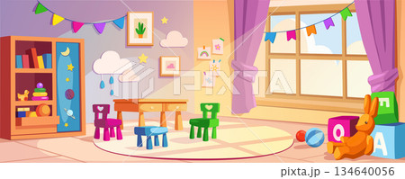 Kindergarten interior background banner for game design. Daycare room with table, child chairs, different toys, book shelf with learning tools, window, garlands, other. Vector cartoon illustration Kindergarten interior background banner for game design. Daycare room with table, child chairs, different toys, book shelf with learning tools, window, garlands, other. Vector cartoon illustration 134640056