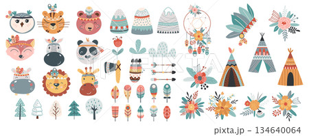 Cute American Indian mega set in cartoon graphic design. Bundle elements of animals heads in feather headdresses, mountains, plants, dream catcher, tribal wigwams. Vector illustration isolated objects Cute American Indian mega set in cartoon graphic design. Bundle elements of animals heads in feather headdresses, mountains, plants, dream catcher, tribal wigwams. Vector illustration isolated objects 134640064