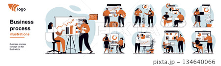 Business process concept with people scenes mega set in flat web design. Bundle of character situation with teamwork, data analysis, financial planning, project cooperation. Vector illustrations. 134640066
