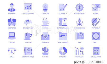Office supplies web icons set in duotone flat design. Pack pictograms with manager, presentation, contract, email, briefcase, brainstorm, coffee maker, call, file folder, other. Vector illustration. Office supplies web icons set in duotone flat design. Pack pictograms with manager, presentation, contract, email, briefcase, brainstorm, coffee maker, call, file folder, other. Vector illustration. 134640068