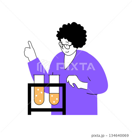 Education concept with cartoon people in flat design for web. Teacher making research with test tubes at chemistry lesson in class. Vector illustration for social media banner, marketing material. 134640069