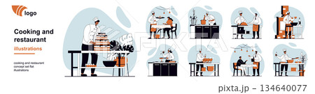 Cooking and restaurant concept with people scenes mega set in flat web design. Bundle of character situation with chef make cake, kitchen staff working, waiters serving food. Vector illustrations. 134640077