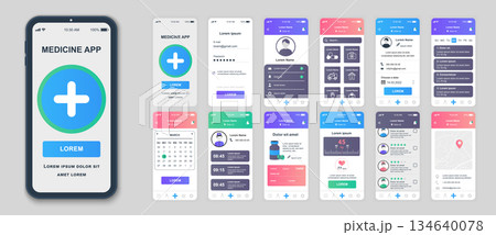 Medicine mobile app screens set for web templates. Pack of login profile, online services, doctor visits calendar, health data. UI, UX, GUI user interface kit for cellphone layouts. Vector design 134640078