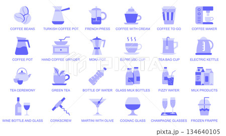 Drinking utensils web icons set in duotone flat design. Pack pictograms with coffee beans, turkish pot, champagne, hand grinder, espresso, tea bag, electric kettle, wine, other. Vector illustration. 134640105