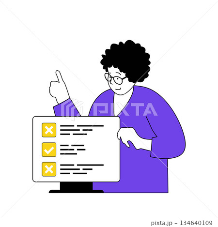 Online voting concept with cartoon people in flat design for web. Woman choosing political candidates in ballot list and approving. Vector illustration for social media banner, marketing material. 134640109