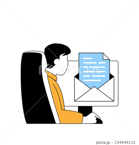 Delivery concept with cartoon people in flat design for web. Man works in client support, answering clients online and sending emails. Vector illustration for social media banner, marketing material. Delivery concept with cartoon people in flat design for web. Man works in client support, answering clients online and sending emails. Vector illustration for social media banner, marketing material. 134640112