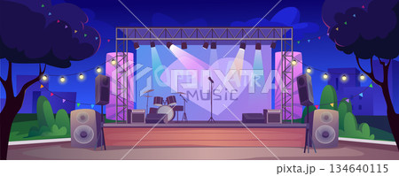 Festival music stage at night background banner for game design. Open air musical concert equipment with instrument on scene, amplifiers, spotlight and garland lights. Vector cartoon illustration 134640115