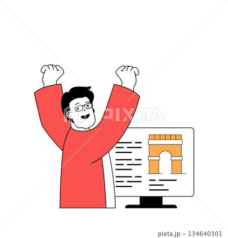 Travel concept with cartoon people in flat design for web. Man planning his vacation trip and researching new country information. Vector illustration for social media banner, marketing material. 134640301