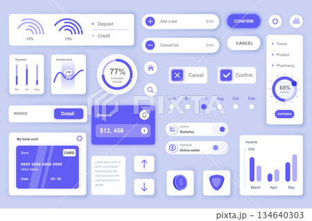 User interface elements set for Banking mobile app or web. Kit template with HUD, financial management, deposit and credit, account balance, invoice, payments. Pack of UI, UX, GUI. Vector components. User interface elements set for Banking mobile app or web. Kit template with HUD, financial management, deposit and credit, account balance, invoice, payments. Pack of UI, UX, GUI. Vector components. 134640303
