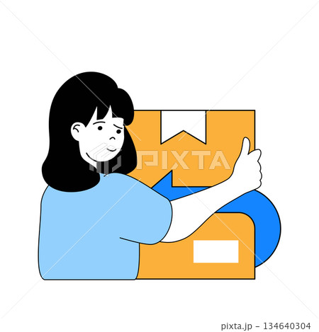 Delivery concept with cartoon people in flat design for web. Woman sending parcel package with free return service to her address. Vector illustration for social media banner, marketing material. Delivery concept with cartoon people in flat design for web. Woman sending parcel package with free return service to her address. Vector illustration for social media banner, marketing material. 134640304