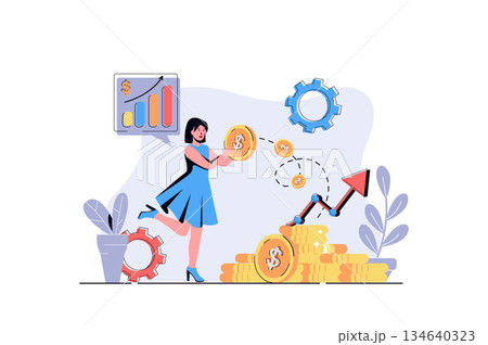 Investment web concept with cartoon people design. Woman investing her savings and personal finances in new business project, earning money. Flat vector illustration isolated on white background. Investment web concept with cartoon people design. Woman investing her savings and personal finances in new business project, earning money. Flat vector illustration isolated on white background. 134640323