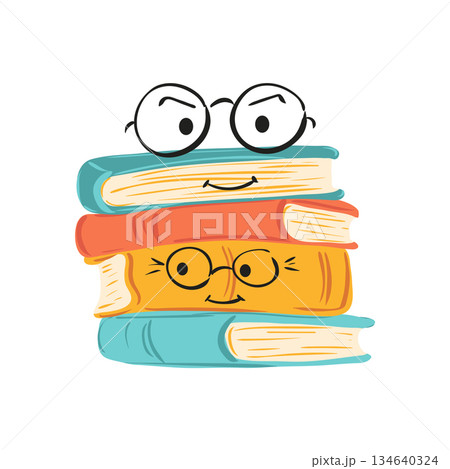 Stack of book with faces in flat design. Cute characters with glasses. Vector illustration isolated. 134640324