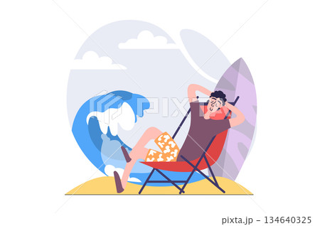 Summertime concept in modern flat design for web. Man surfer relaxing at ocean beach and surfing in high waves, doing water sport hobby at seaside resort in holiday recreation. Vector illustration. 134640325