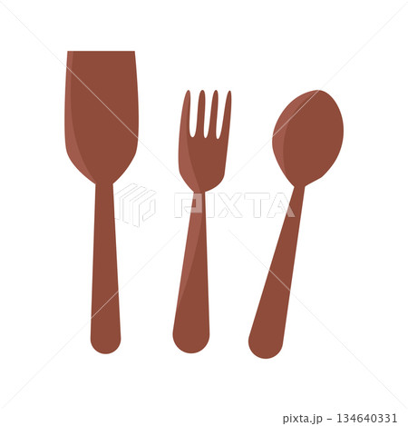 Camping camping in flat design. Wooden brown spatula, fork and spoon. Vector illustration isolated. 134640331