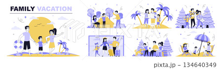 Family vacation concept set in flat web design. Collection with people resting with children at beach, hiking trip, go in vacation by flight. Flat vector illustration isolated on white background. Family vacation concept set in flat web design. Collection with people resting with children at beach, hiking trip, go in vacation by flight. Flat vector illustration isolated on white background. 134640349