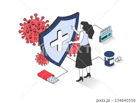 Coronavirus 3d isometric concept with isometry people design for web. Woman making prevention vaccination and has immunity from virus illness, using drugs, following prescription. Vector illustration. Coronavirus 3d isometric concept with isometry people design for web. Woman making prevention vaccination and has immunity from virus illness, using drugs, following prescription. Vector illustration. 134640350