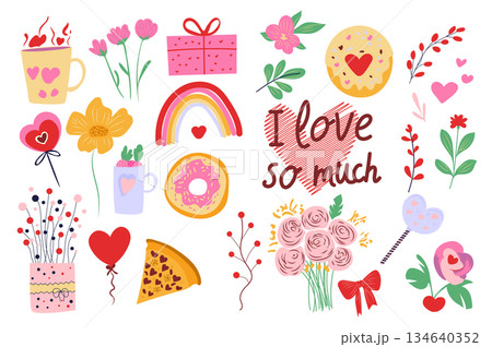 Valentine day set elements in flat graphic design. Collection of cute cup, heart, flowers, gift box, blossoms, donut, twigs, balloons, rainbow, bouquet, pizza, lollipop, other. Vector illustration. Valentine day set elements in flat graphic design. Collection of cute cup, heart, flowers, gift box, blossoms, donut, twigs, balloons, rainbow, bouquet, pizza, lollipop, other. Vector illustration. 134640352
