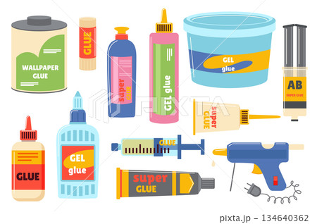Glue containers set in flat graphic design. Collection elements of liquid sticky fix material for wallpaper and paper in bottles, sticks, tubes, cans, jars and other packaging. Vector illustration. Glue containers set in flat graphic design. Collection elements of liquid sticky fix material for wallpaper and paper in bottles, sticks, tubes, cans, jars and other packaging. Vector illustration. 134640362