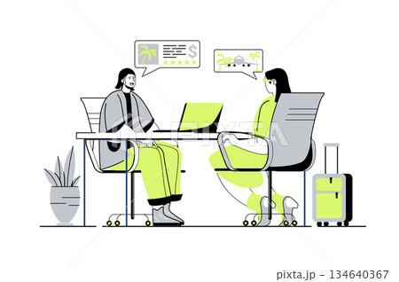 Travel agency web concept with flat cartoon people for website design. Woman with suitcase choosing summer vacation tour, operator helping tourist with traveling and tickets. Vector illustration. 134640367