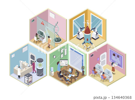 Science center 3d isometric rooms concept in isometry graphic design for web. People work in different laboratory, making researches, scientists staff meeting at conference hall. Vector illustration. Science center 3d isometric rooms concept in isometry graphic design for web. People work in different laboratory, making researches, scientists staff meeting at conference hall. Vector illustration. 134640368