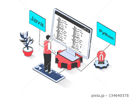 Programming 3d isometric concept with isometry people design for web. Man coding on computer screen and engineering software products, working with online processing services. Vector illustration. Programming 3d isometric concept with isometry people design for web. Man coding on computer screen and engineering software products, working with online processing services. Vector illustration. 134640378