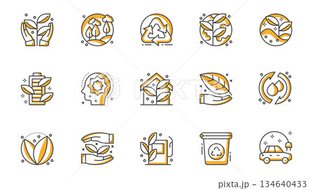 Ecology icons set in outline stroke design for web. Pack line pictograms with hands save plant, forest, nature, recycling, globe, battery charge, awareness, smart home, other. Vector illustration. 134640433