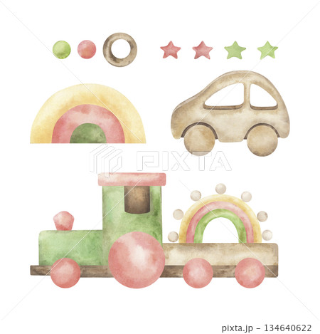 A set of watercolor illustrations featuring baby toys: a train, a tractor, a car, a rainbow, stars, circles. These hand-drawn wooden eco-friendly toys are perfect for nursery decor, birthday parties A set of watercolor illustrations featuring baby toys: a train, a tractor, a car, a rainbow, stars, circles. These hand-drawn wooden eco-friendly toys are perfect for nursery decor, birthday parties 134640622
